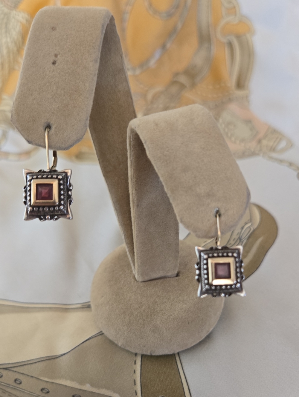 Luxe two tone, Sterling/14K Gold, Square Garnet, petite dangle pierced Earrings